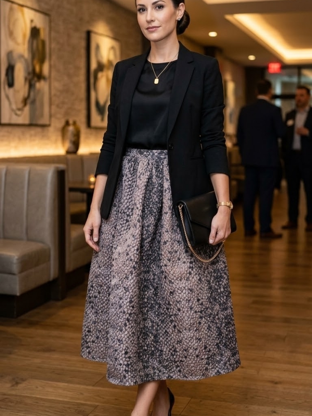 Elegant Black, Gold and Taupe Dragon Scale Patterned Midi Skirt